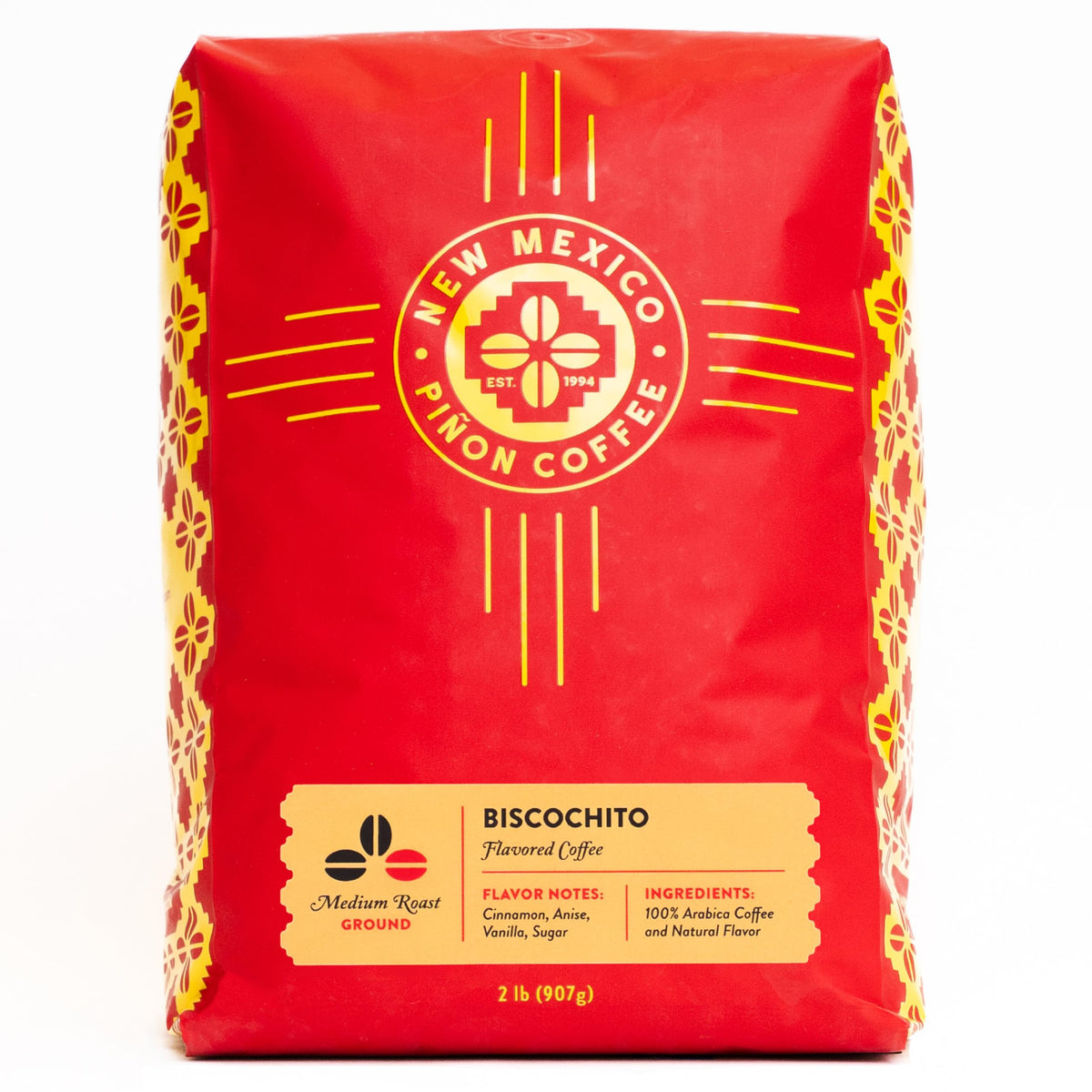 New Mexico Piñon Coffee biscochito ground bag front label highlighting natural flavor.