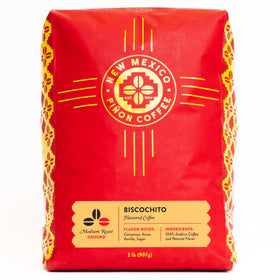 New Mexico Piñon Coffee biscochito ground bag front label highlighting natural flavor.