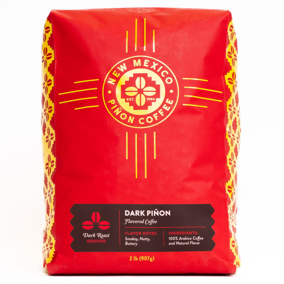 New Mexico Piñon Coffee dark pinon ground 2 lb pack shot highlights bold flavor.