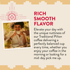 New Mexico Pinon Coffee ground bag emphasizes all-natural flavoring without allergens for sensitive tastes.