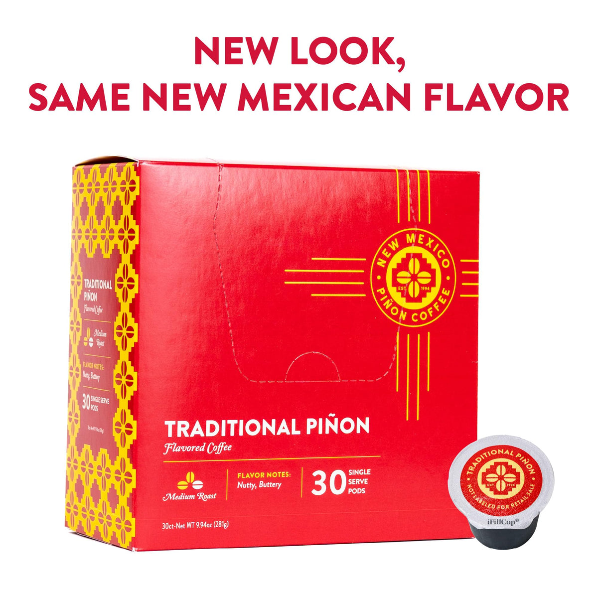 New Mexico Piñon Coffee pinon-hot-or-cold-brew pod suits hot cups or iced beverages.