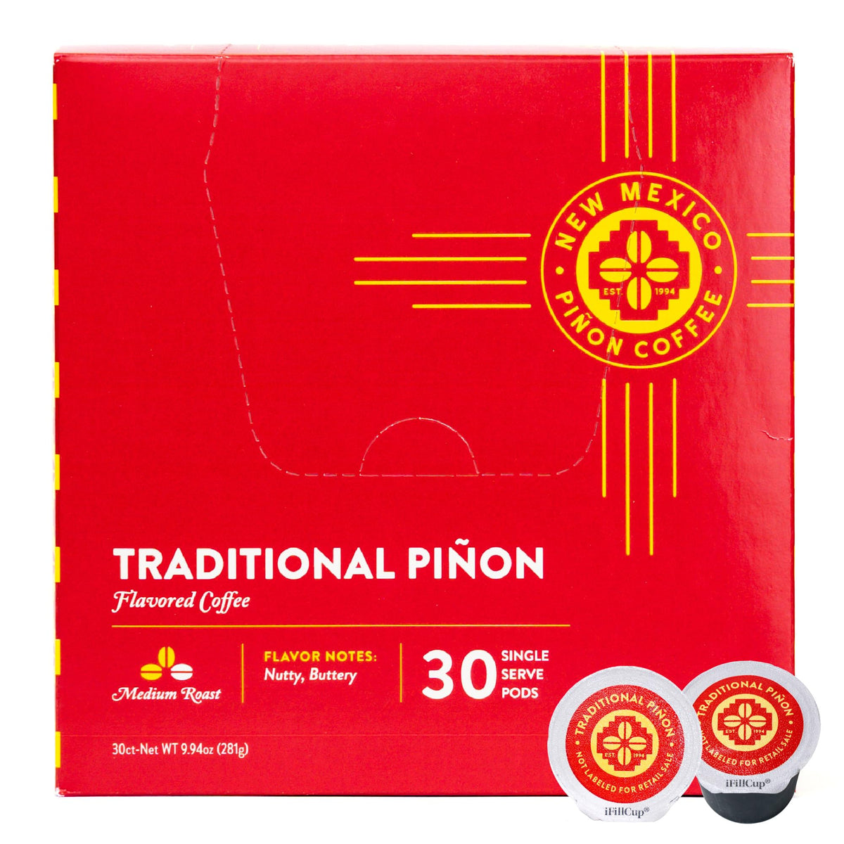 New Mexico Piñon Coffee pinon-flavor pod highlights nutty notes for a smooth morning cup.
