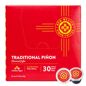 New Mexico Piñon Coffee pinon-flavor pod highlights nutty notes for a smooth morning cup.