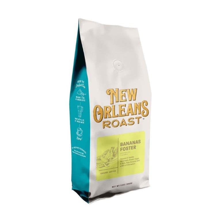 New Orleans Roast Bananas Foster ground coffee 12oz bag evokes dessert-inspired aroma for cozy mornings