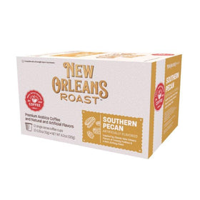New Orleans Roast Southern Pecan single-serve cups in packaging, ready for shelf display.