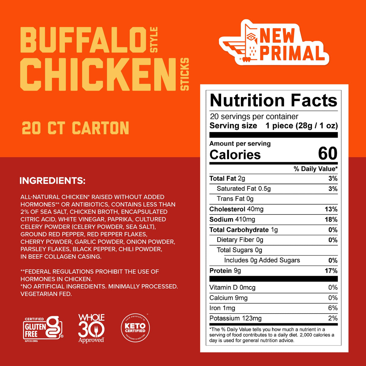 New Primal buffalo-chicken-stick, individually wrapped for mess-free snacking.