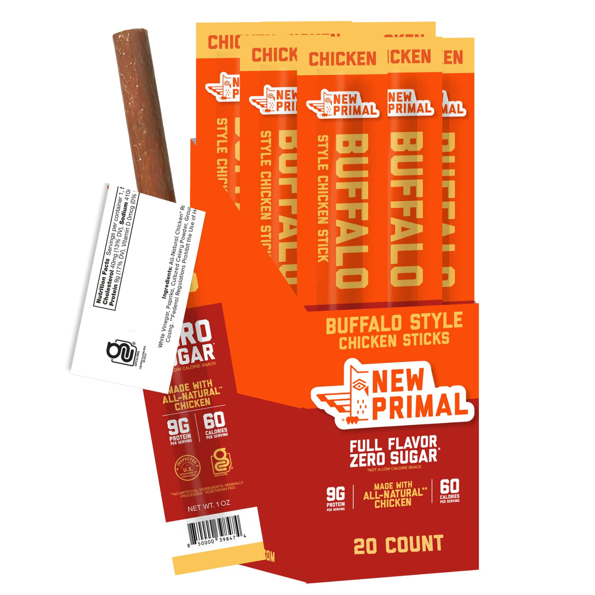 New Primal buffalo chicken sticks, on-the-go high-protein snack.