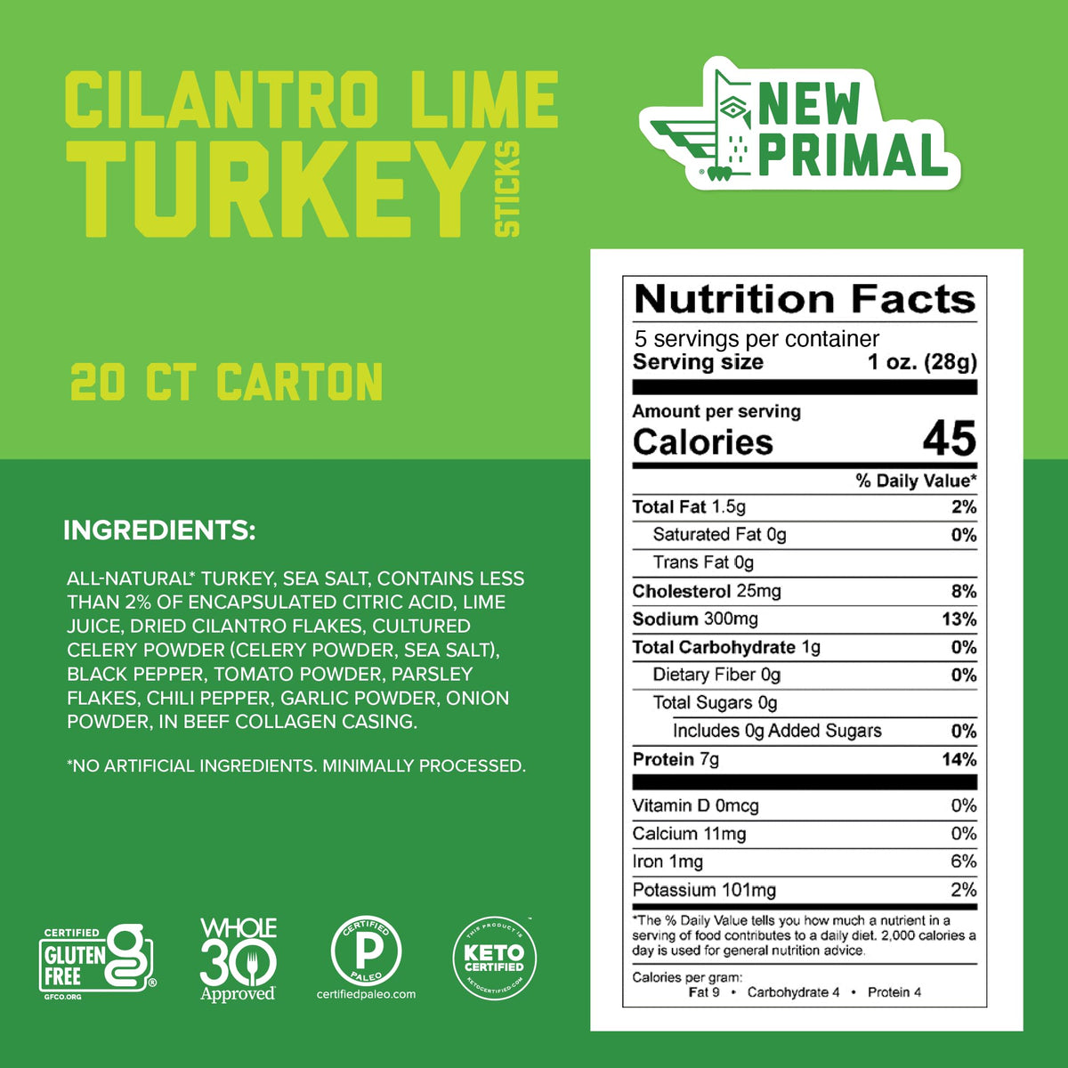 Close-up of New Primal Cilantro Lime Turkey Sticks showing texture and bold flavor