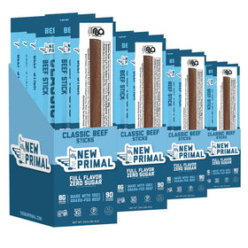 The New Primal grass-fed beef sticks 80 pack front view for convenient snacking.