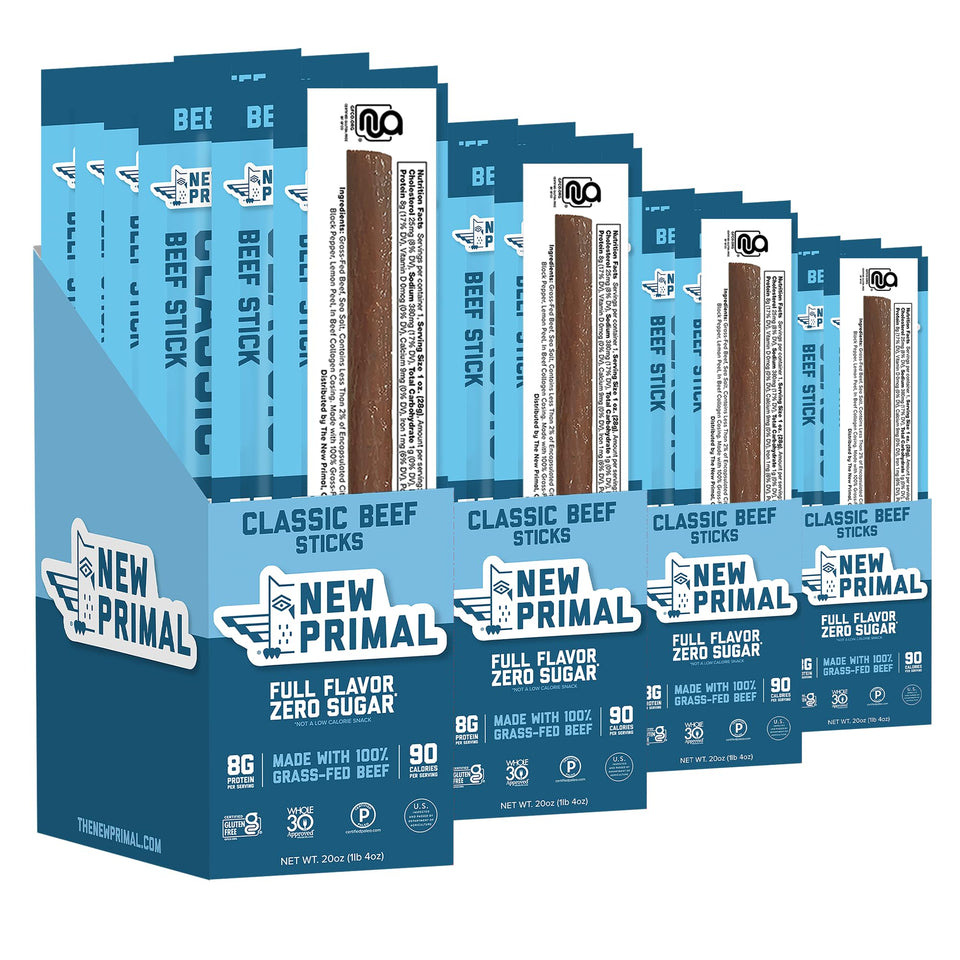 The New Primal grass-fed beef sticks 80 pack front view for convenient snacking.