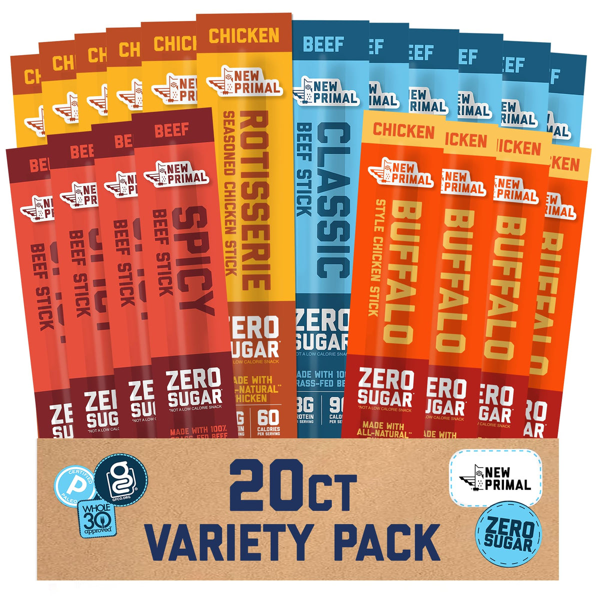The New Primal jerky sticks variety pack provides 20 sticks for on-the-go protein.