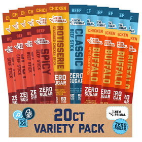 The New Primal jerky sticks variety pack provides 20 sticks for on-the-go protein.