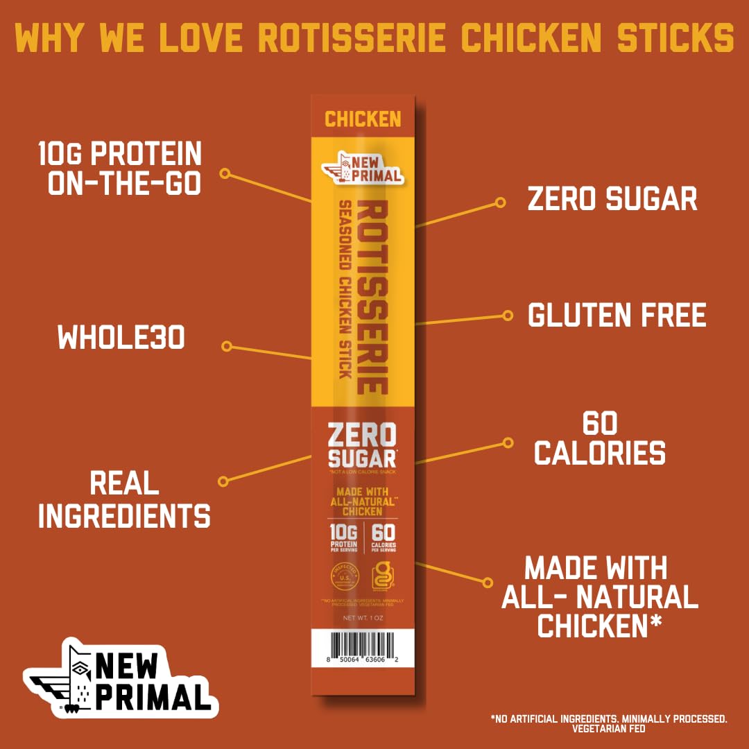 New Primal rotisserie chicken sticks close-up of a single stick, savory seasoned flavor.