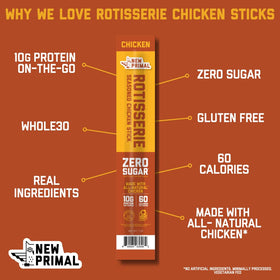 New Primal rotisserie chicken sticks close-up of a single stick, savory seasoned flavor.