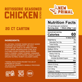 The New Primal rotisserie chicken sticks nutrition label close-up highlights 10g protein per stick.