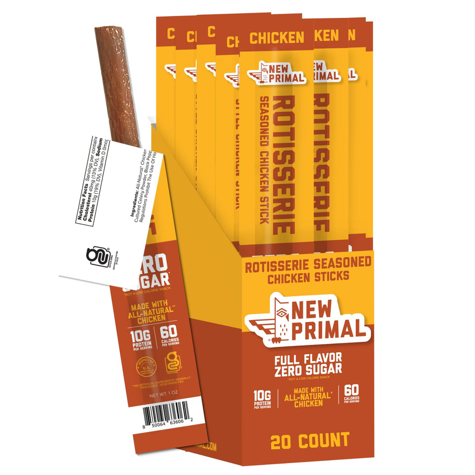 The New Primal rotisserie chicken sticks pack front, ready-to-eat protein snack for on-the-go.