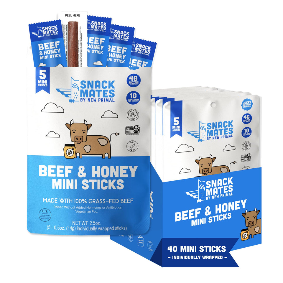 New Primal Snack Mates Beef & Honey Stick visible in kid-friendly packaging for easy lunchbox snacking