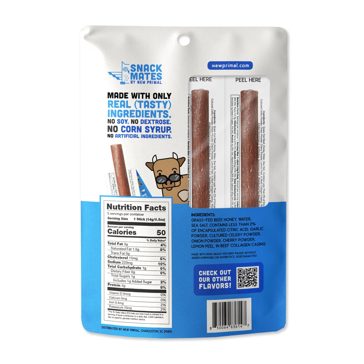 New Primal Snack Mates Beef & Honey Sticks shown as individually wrapped for on-the-go snacking