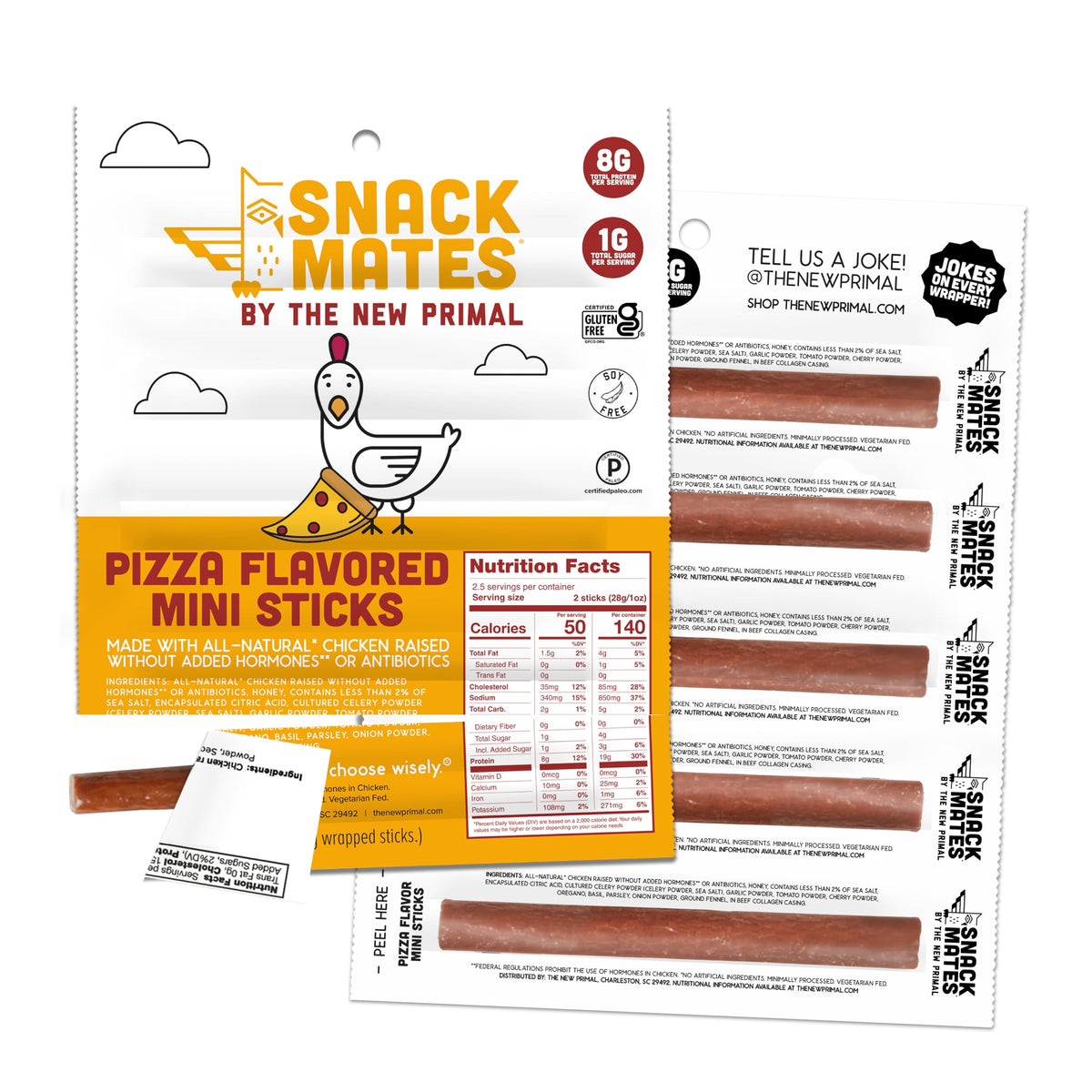 New Primal Snack Mates Pepperoni Pizza Chicken Sticks pack front, gluten-free protein snack.