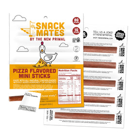 New Primal Snack Mates Pepperoni Pizza Chicken Sticks pack front, gluten-free protein snack.