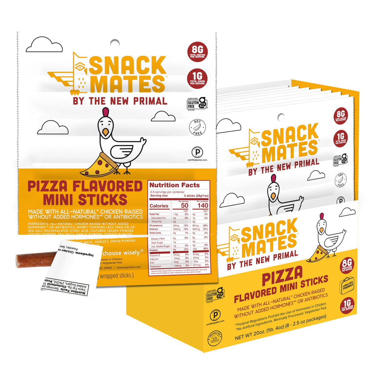 New Primal Snack Mates Pepperoni Pizza Chicken Sticks pack shot for school lunches