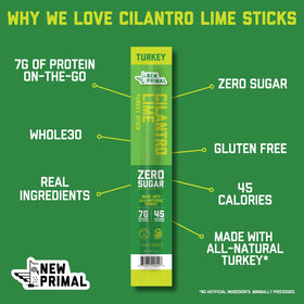 New Primal Cilantro Lime Turkey Sticks label highlights keto, gluten-free, and sugar-free traits