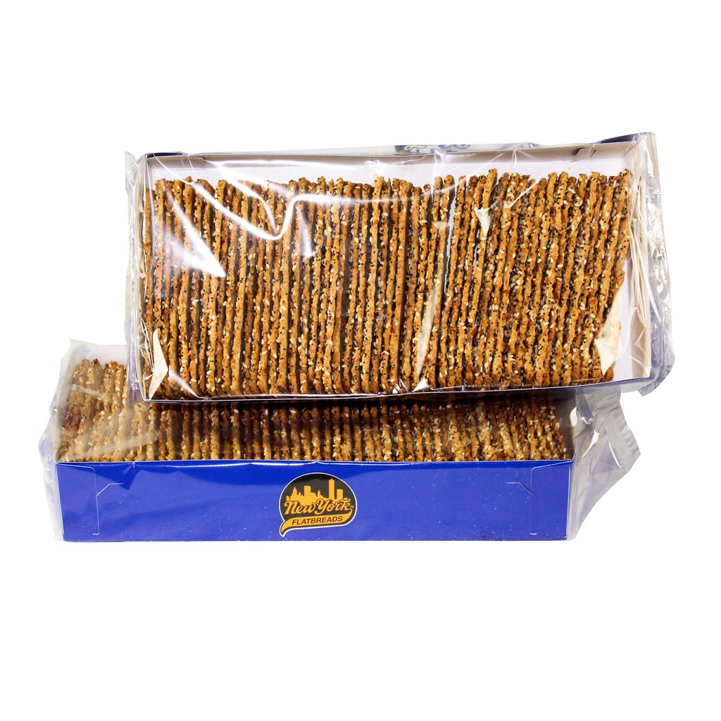 New York Flatbreads Everything flatbread pack front view, crisp base for toppings.