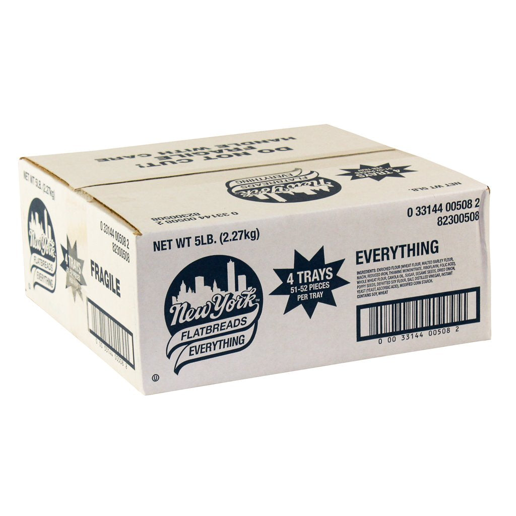 New York Flatbreads Everything flatbread pack top view, versatile with soups and dips.
