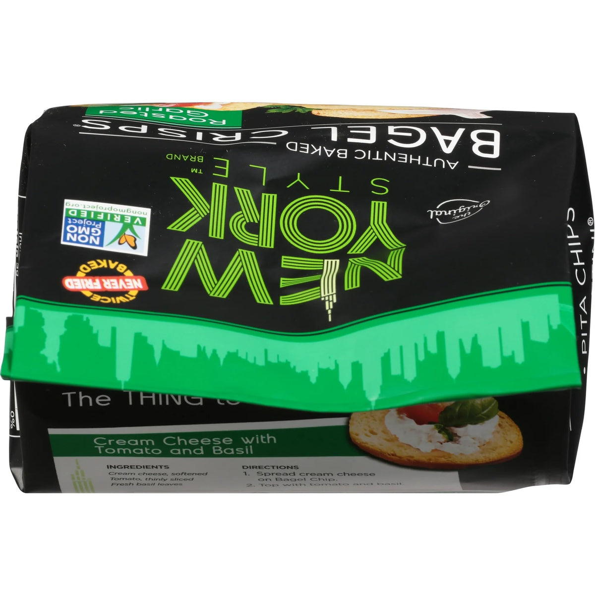New York Style Garlic Bagel Crisps pack-3 closeup, robust garlic aroma and crunch.