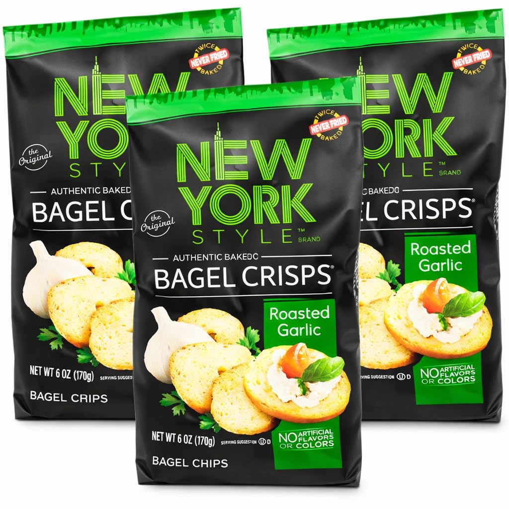 New York Style Garlic Bagel Crisps pack-3 front view, savory crunchy snack for any gathering.