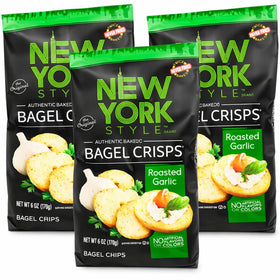 New York Style Garlic Bagel Crisps pack-3 front view, savory crunchy snack for any gathering.