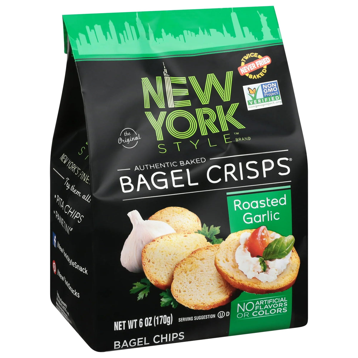 New York Style Garlic Bagel Crisps tilted bag, convenient grab-and-go crunch.