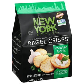 New York Style Garlic Bagel Crisps tilted bag, convenient grab-and-go crunch.