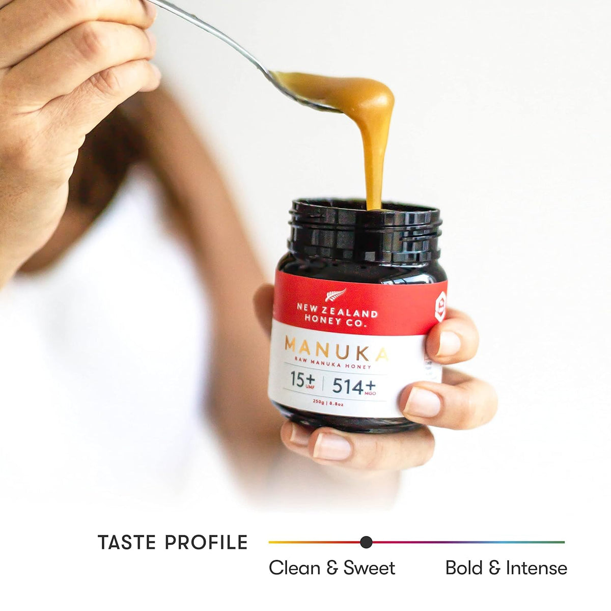 New Zealand Honey Co 250g jar on kitchen counter, convenient size