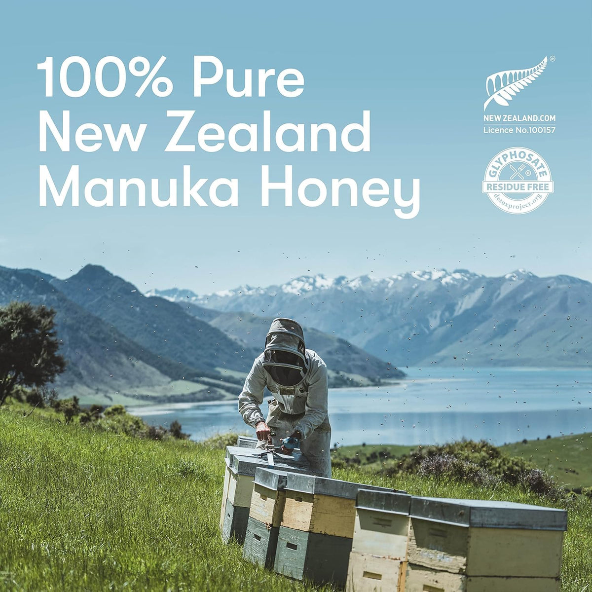 New Zealand Honey Co amber bottle on kitchen counter ready to use.
