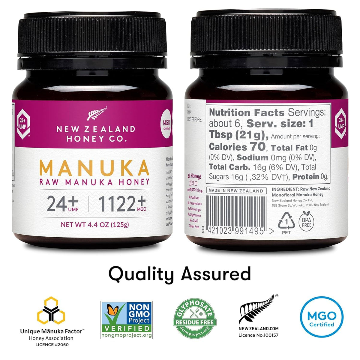 New Zealand Honey Co. amber glass jar; premium Manuka honey for everyday flavor.