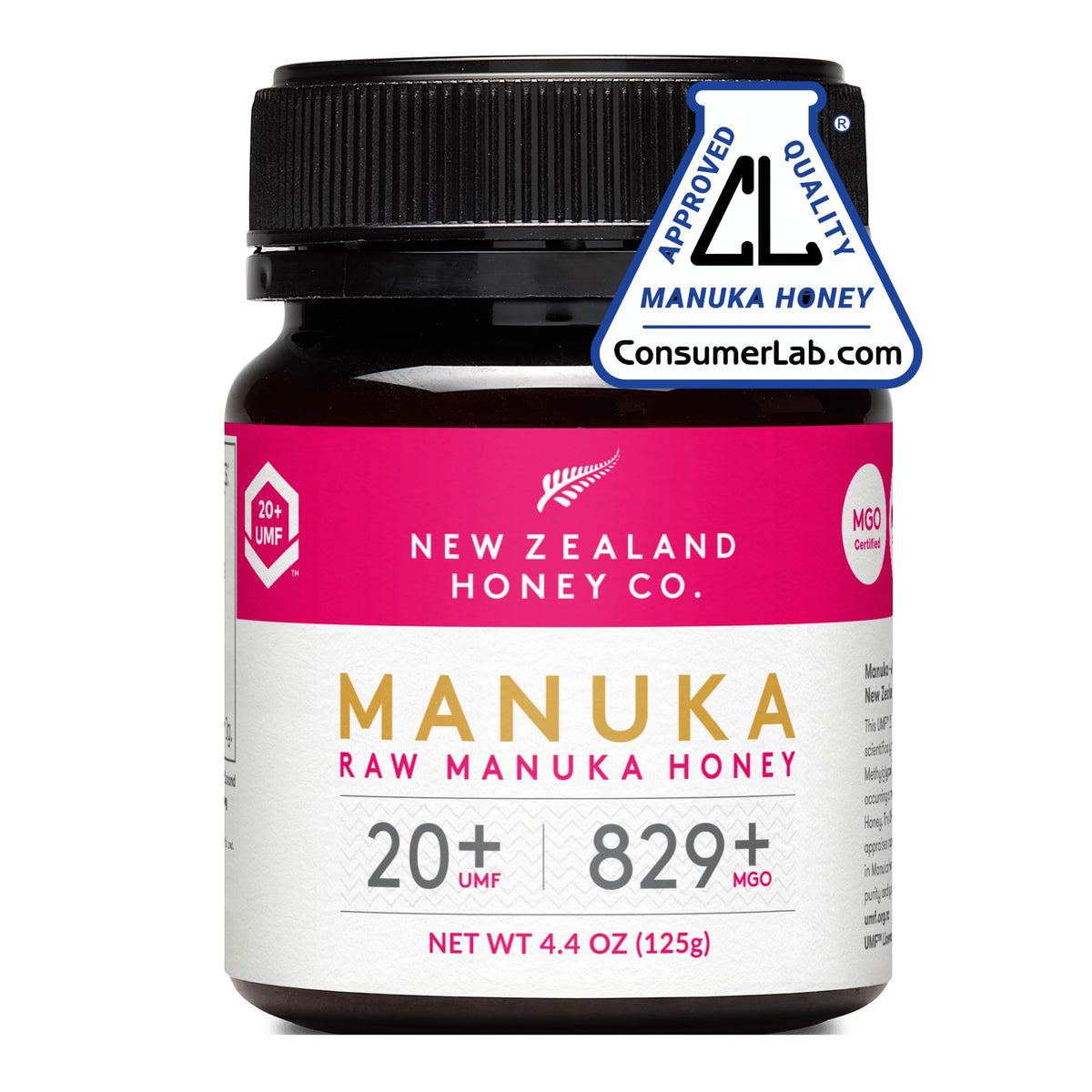 New Zealand Honey Co. Manuka honey jar UMF 20+, rich aroma for drizzling.