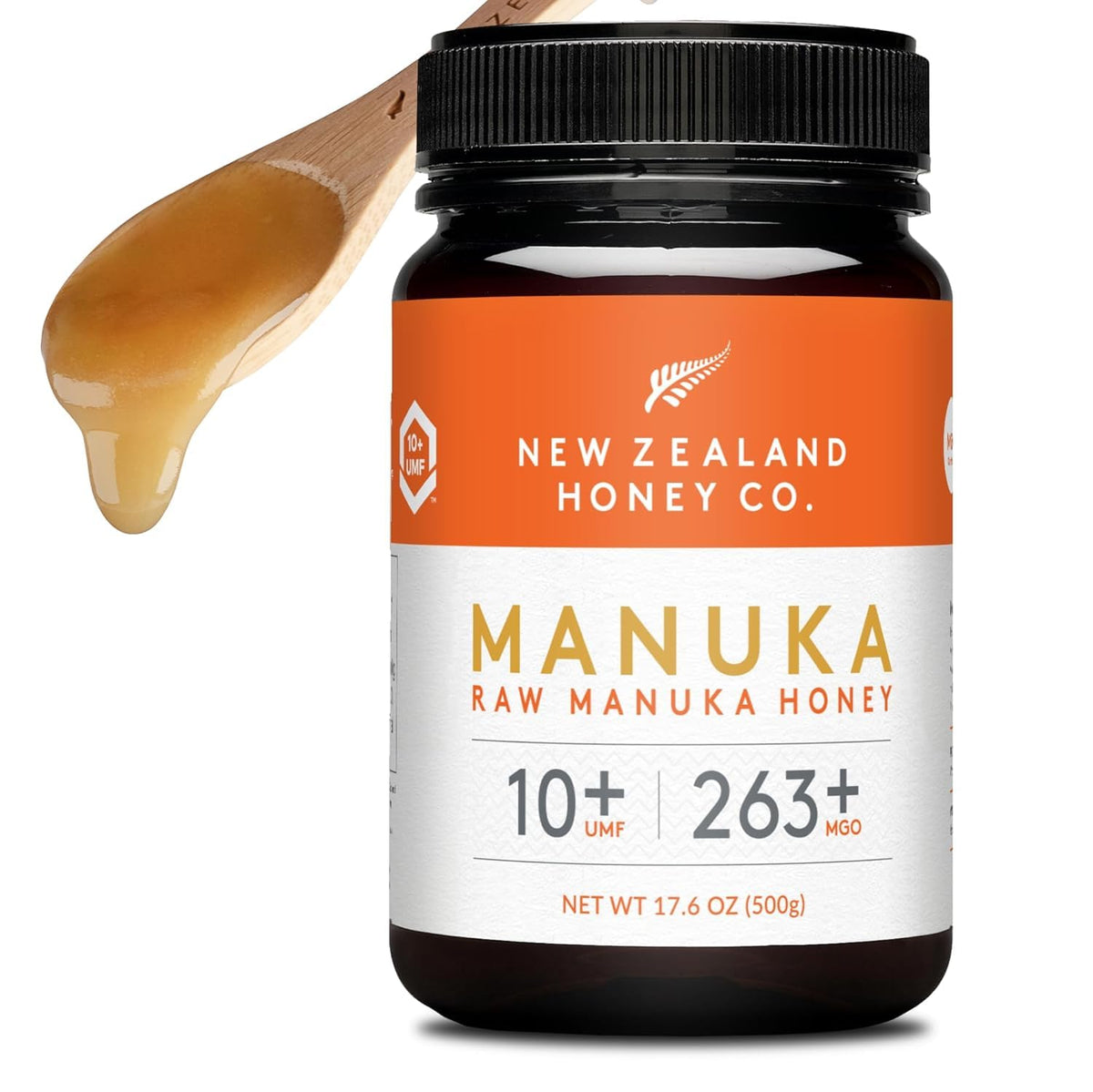 New Zealand Honey Co Manuka honey jar with UMF 10+ purity and golden color for daily wellness.