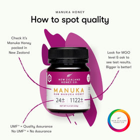New Zealand Honey Co. Manuka honey label closeup with UMF rating.