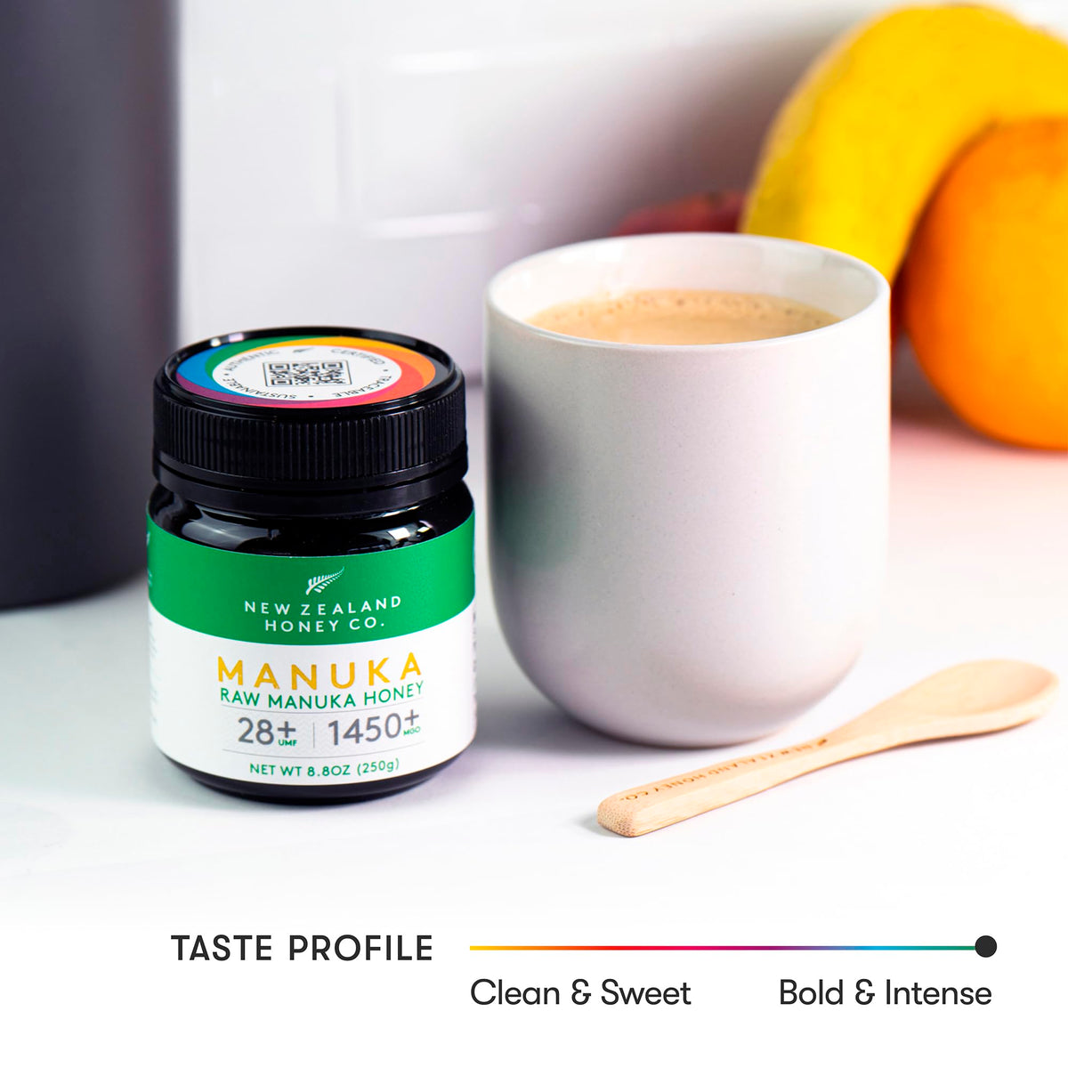 New Zealand Honey Co MGO 1450 label indicates high potency and rich flavor