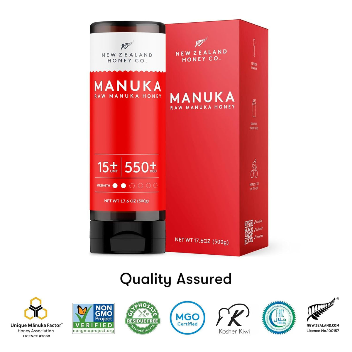 New Zealand Honey Co Manuka UMF 15+ label close-up with UMF rating