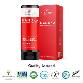 New Zealand Honey Co Manuka UMF 15+ label close-up with UMF rating