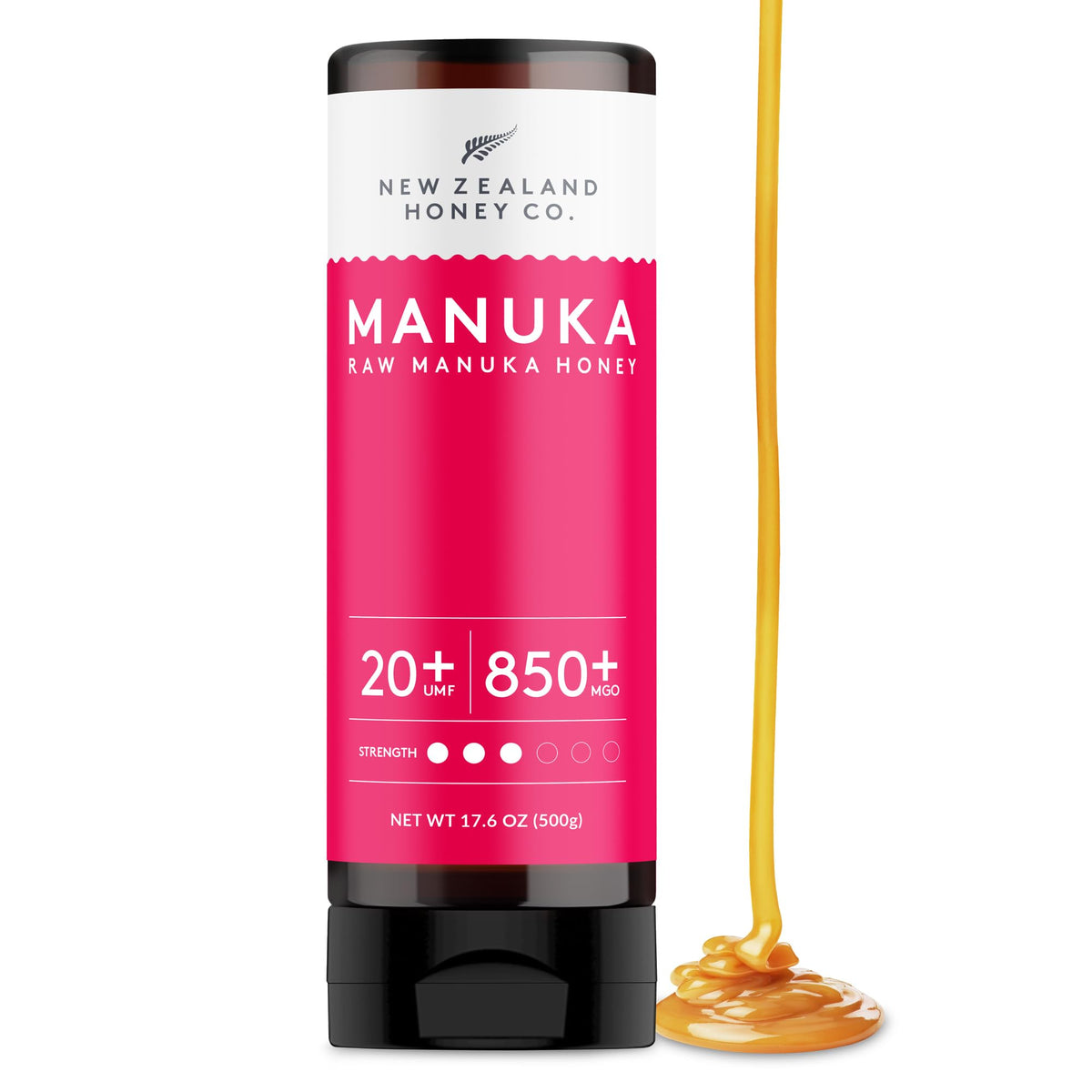 New Zealand Honey Co Manuka UMF 20+ bottle close-up, premium purity.