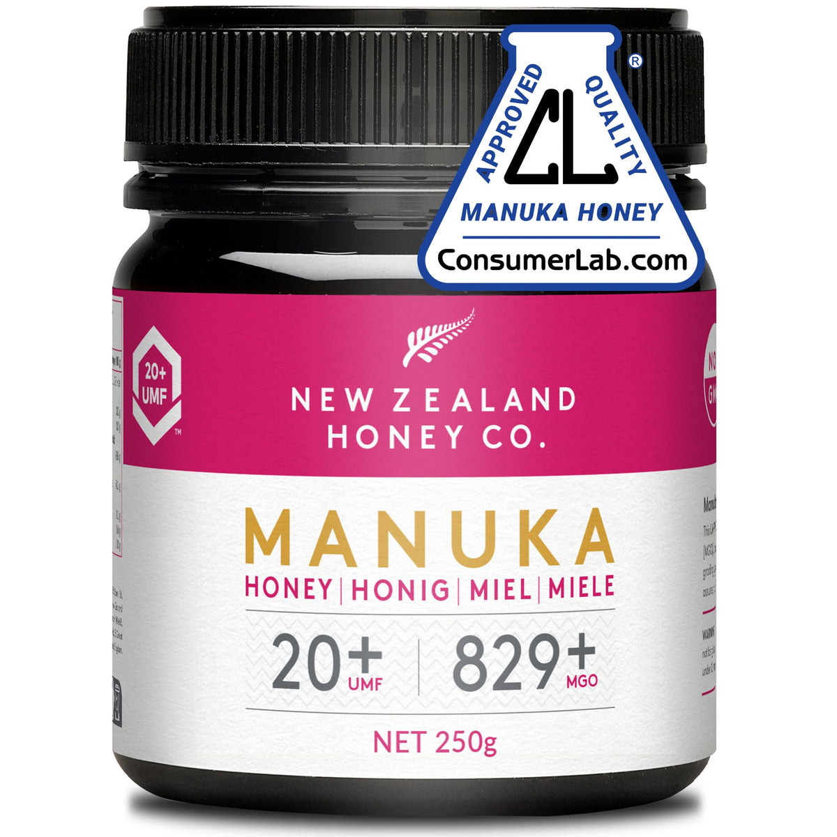 New Zealand Honey Co. Manuka UMF20+ bottle close-up highlighting premium flavor.