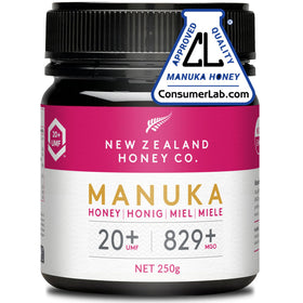New Zealand Honey Co. Manuka UMF20+ bottle close-up highlighting premium flavor.