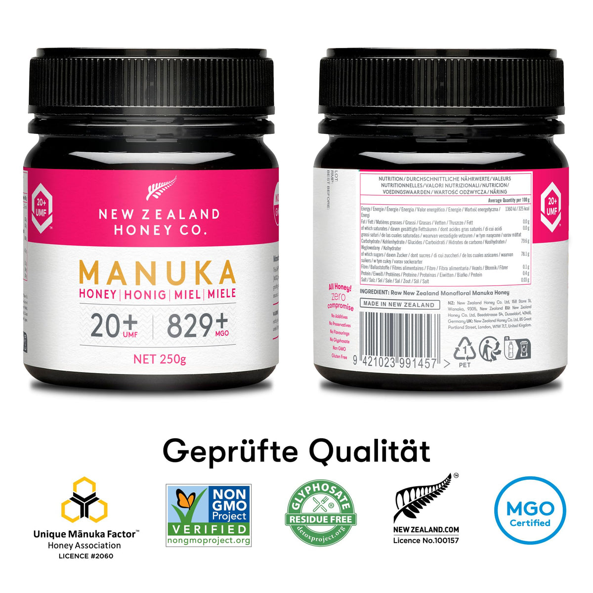 New Zealand Honey Co. Manuka UMF20+ jar front with certification label.