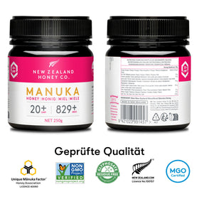 New Zealand Honey Co. Manuka UMF20+ jar front with certification label.