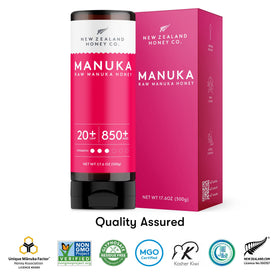 New Zealand Honey Co Manuka UMF 20+ label close-up showing UMF details for trust.