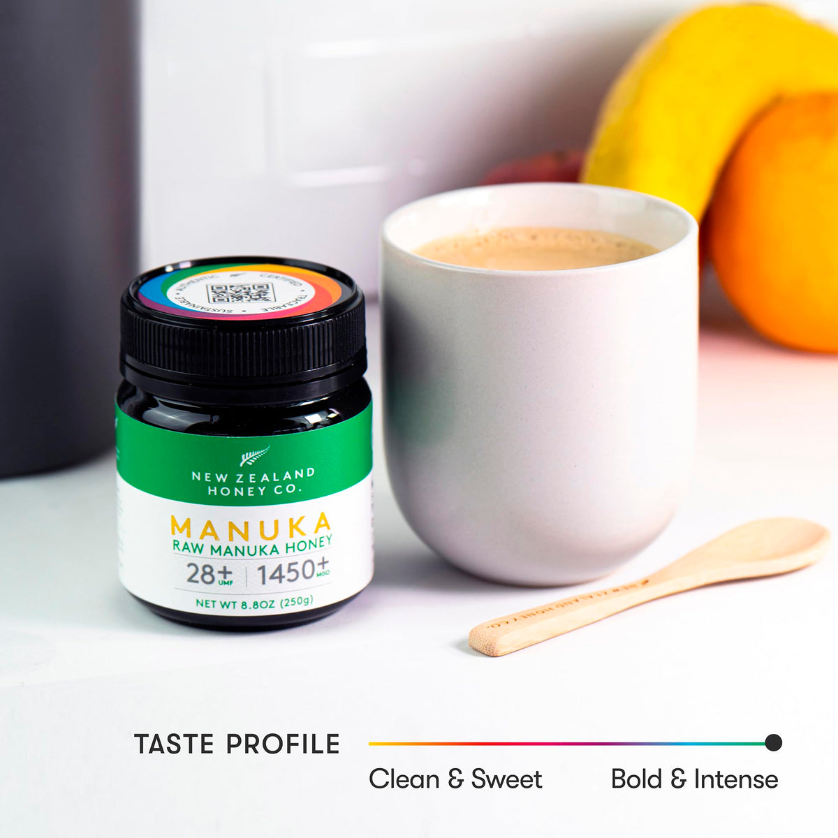 New Zealand Honey Co MGO1450 Manuka honey bottle signals potent sweetness.