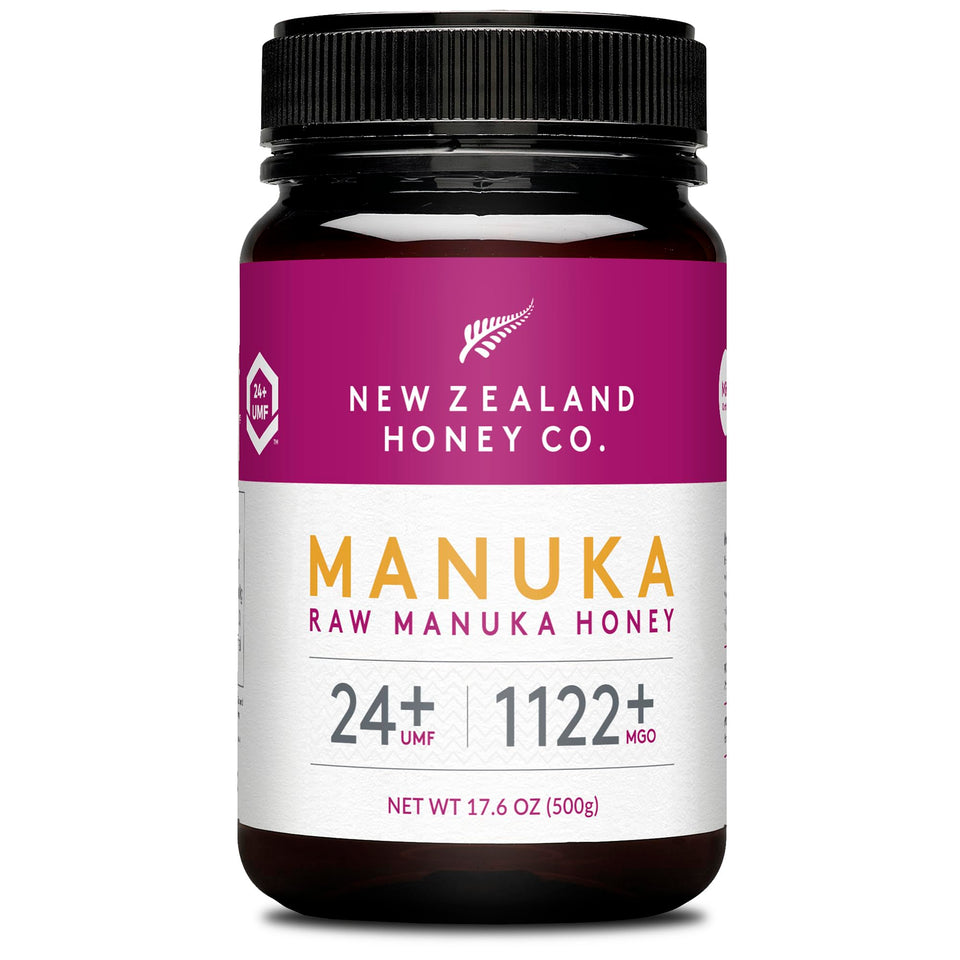 New Zealand Honey Co Raw Manuka honey jar showcasing UMF 24+ purity.